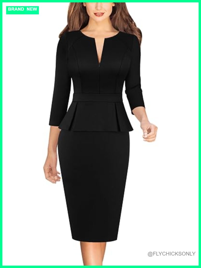 Front Zip Peplum Sheath Work Dress With 3/4 Sleeves